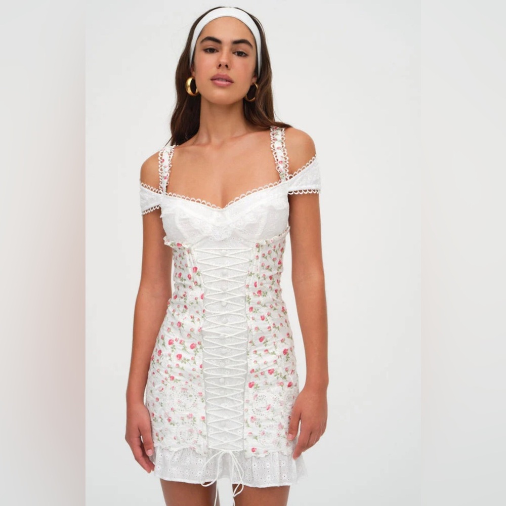 For Love & Lemons White Floral Lace-Up Mini Dress